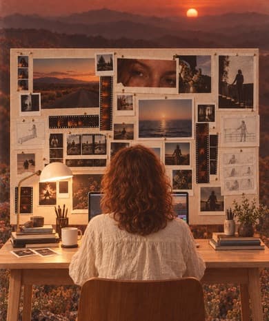 A woman in front of a wall of reference photos