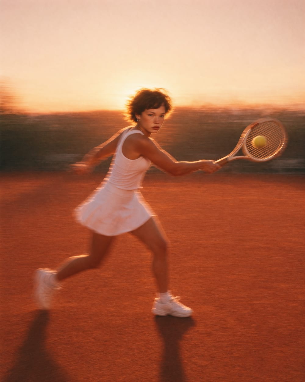 Moodboard: a tennis player mid-swing on a clay court at sunset