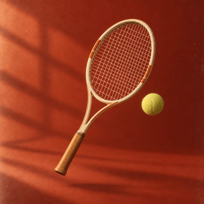 Product photo: a wooden tennis racket and ball on red
